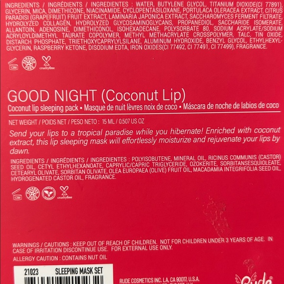 RUDE Good Night Sleeping Mask Set Coconut Lip and Rose Face Hydrating Night Mask - Picture 7 of 10